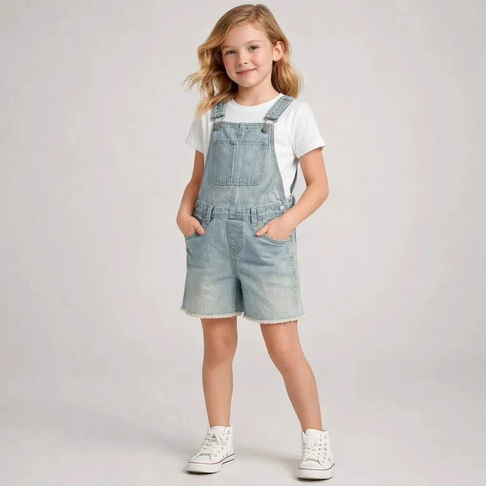NEW   Old Navy Girls Light Wash Denim Shortalls Frayed Hem Pearl